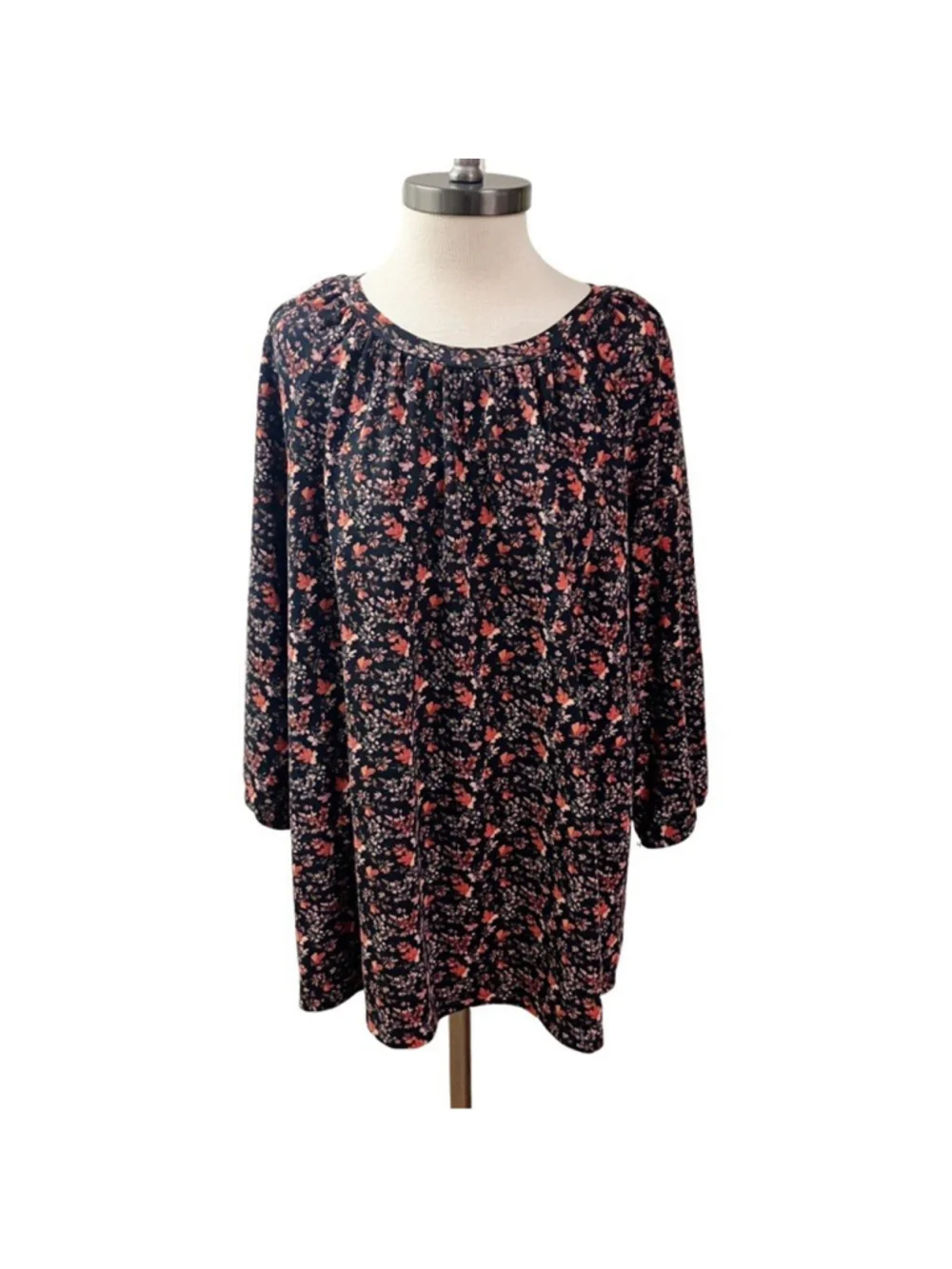 Denim & Co Top Coral Black Floral Soft Stretch Knit Plus SZ 1X Cottagecore